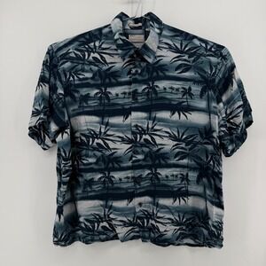 Natural Issue Button Up Shirt Mens XL Blue Palm Tree Rayon Silky Touch Hawaiian